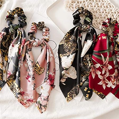 Silk Ribbon Bow Scrunchie with tail, Flower Printed Hair Ribbon Ties, Floral Hair Scrunchies with Ribbon (Floral Style) Multi Color