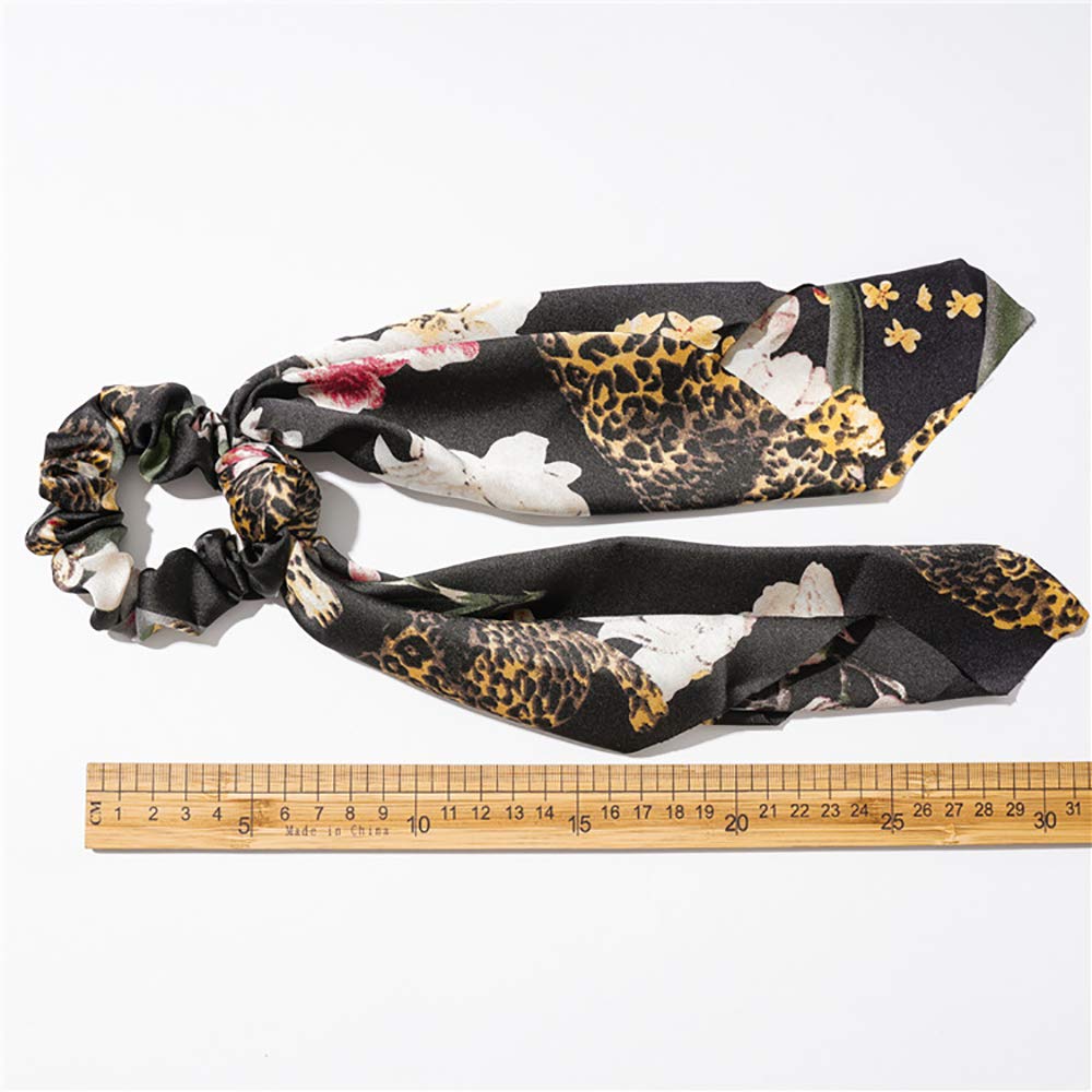 Silk Ribbon Bow Scrunchie with tail, Flower Printed Hair Ribbon Ties, Floral Hair Scrunchies with Ribbon (Floral Style) Multi Color