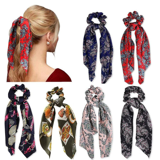 Silk Ribbon Bow Scrunchie with tail, Flower Printed Hair Ribbon Ties, Floral Hair Scrunchies with Ribbon (Floral Style) Multi Color